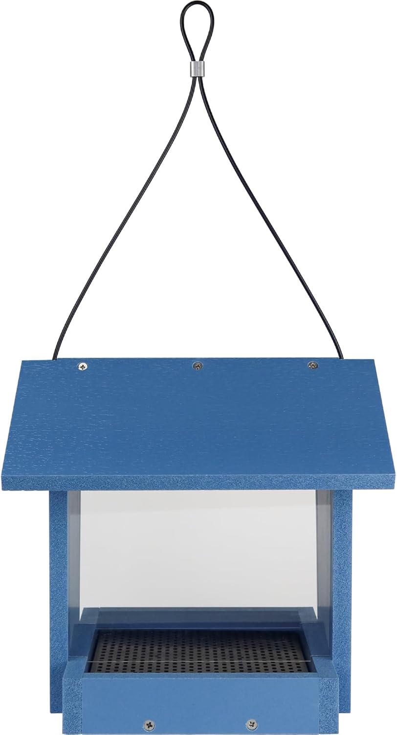 Bird Banquet Recycled Plastic Hopper Bird Feeder with Fresh Seed Tray for Wild Birds and Outdoor Décor, 2.15 Quart Capacity, Blue
