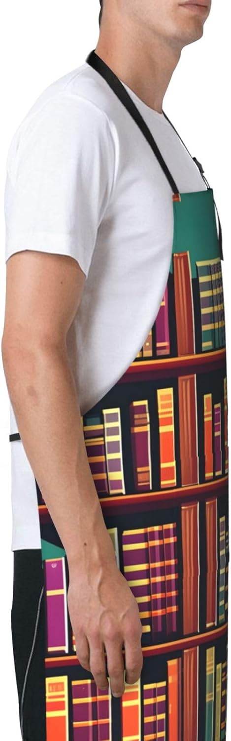 Library Bookshelf print Waterproof apron with pocket adjustable cooking apron for adult kitchen bibs to bake