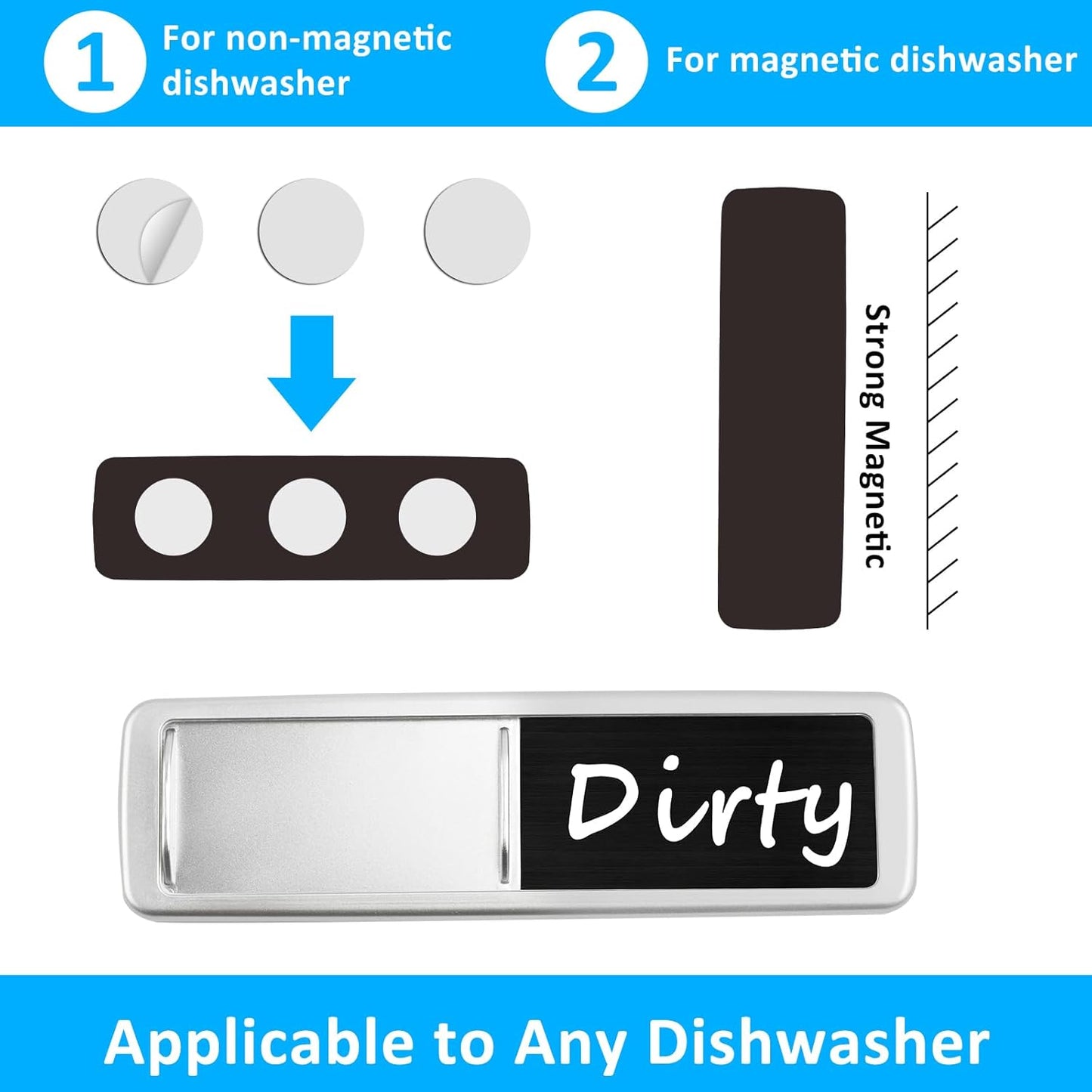 Dishwasher Magnet Clean Dirty Sign, Slide Strong Clean and Dirty Magnet Indicator for Dishwasher, Non-Scratch, Easy to Read, Self-Adhesive Stickers for Non-Magnetic Dishwasher, Refrigerator