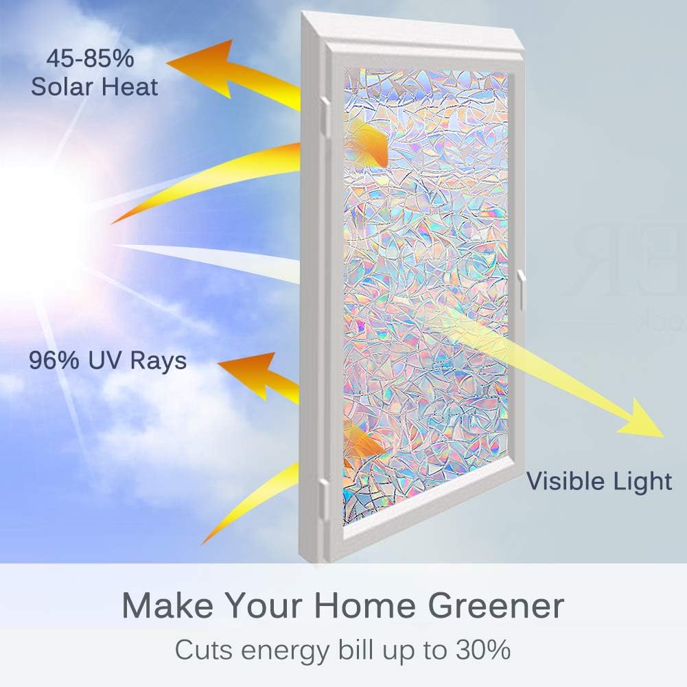 Volcanics Window Privacy Film with Installation Tools, Static Window Clings Vinyl 3D Decals Stickers Rainbow Window Film for Glass Door Heat Control Anti UV 17.5 x 78.7 Inches