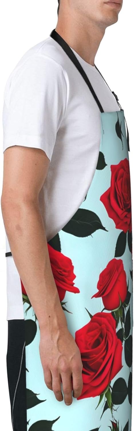 Red Rose print Waterproof chef's apron with pocket apron for kitchen cooking baking barbecue and gardening