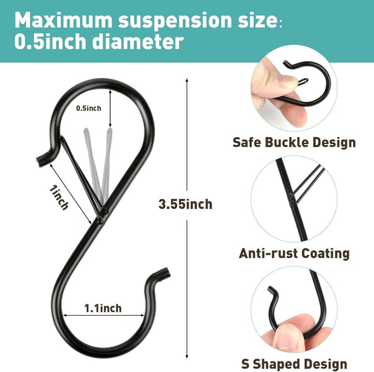 12 Pcs S Hooks for Hanging Heavy Duty, 3.5-inch Heavy Duty Metal S Hook with Safety Buckle, Suitable for 0.5 inch Rods, S Hook for Hanging Plants, Closet, Kitchen Utensil, Pot, Pan, Bags