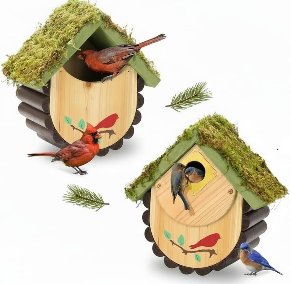 1pc Bird House for Bluebirds and Cadinals - Cedar Wood Large Open Bluebird House Nestbox - Birdhouse for Outside Wall Mountable - 1.5" Brass Plate Heavy 13/16" Thick - 10 Years Usage Multifunctional