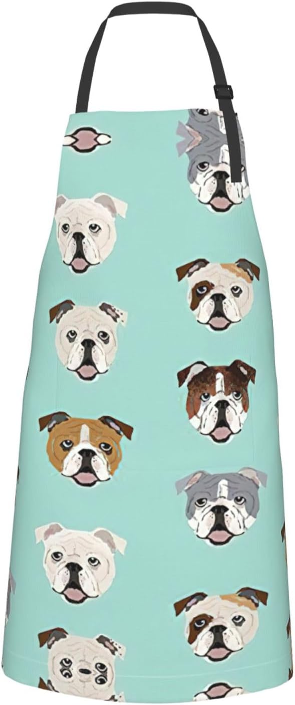 English Bulldog Faces Print Laundry apron 28x33 In Waterproof Kitchen Apron with Pockets for Cooking Baking