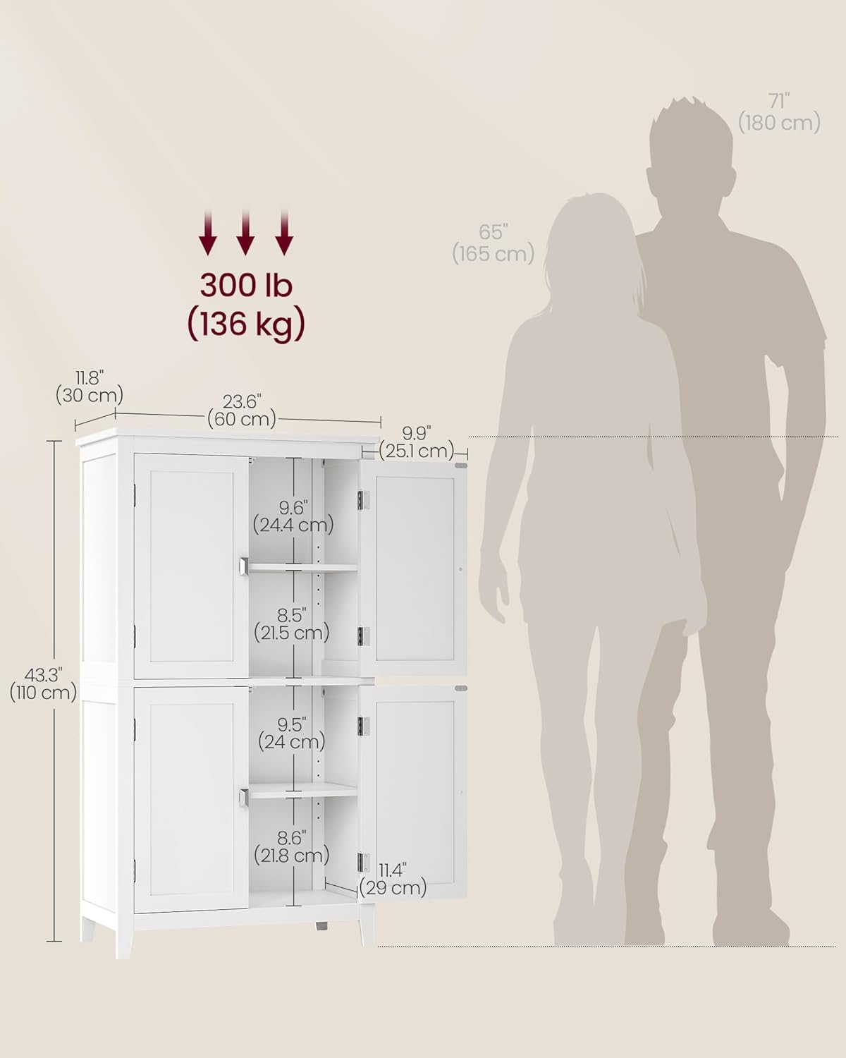 VASAGLE Floor Storage Cabinet, Freestanding Storage Unit with 4 Doors,