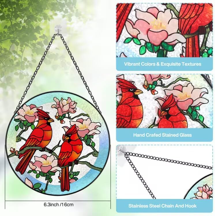 Stained Glass Window Hanging, Cardinals Suncatcher with Hook, Window, 
