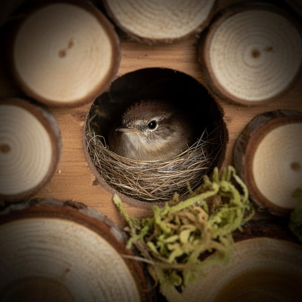 Spring Wren Bird House for Outside - Hard Wood Bird HouseNest Box for Outdoor - Moss Bird House with Cedar Rings- Gifts for Nature Lovers - Pole Mountable Bird House - 1.125" Entrance