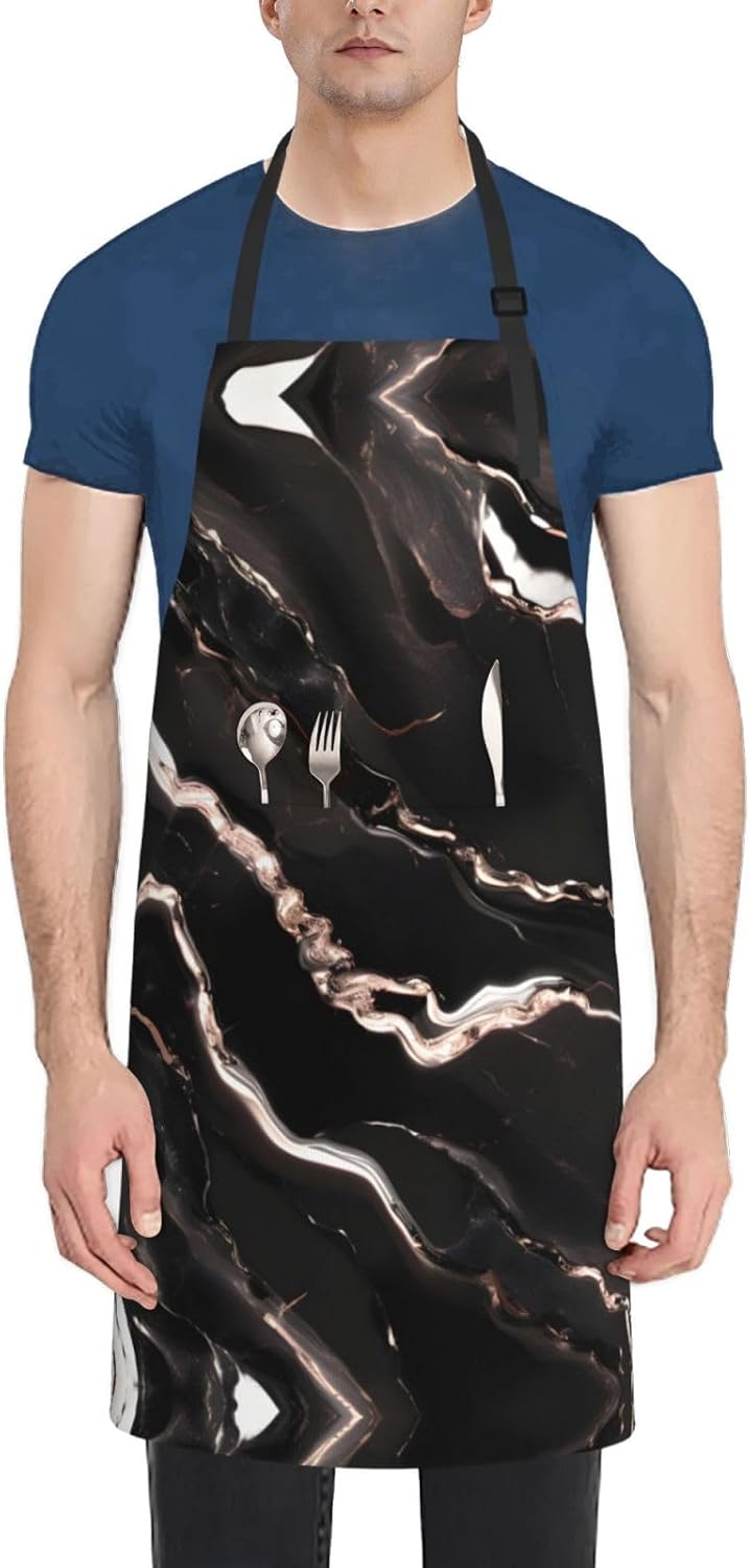 Black rose gold Marble print Waterproof apron with pocket adjustable c