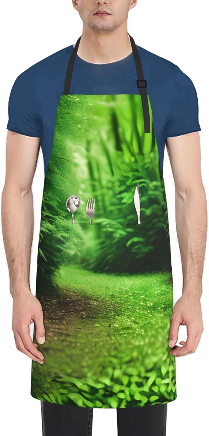 YANYU Green Nature Print 28x33 In Kitchen Apron Stylish Chef Apron with Pockets for Cooking Baking Painting