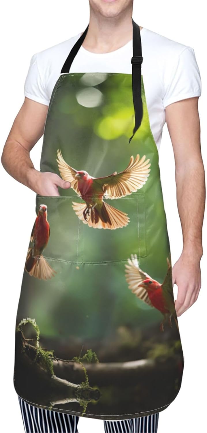 red Birds print Waterproof apron with pocket adjustable cooking apron for adult kitchen bibs to bake