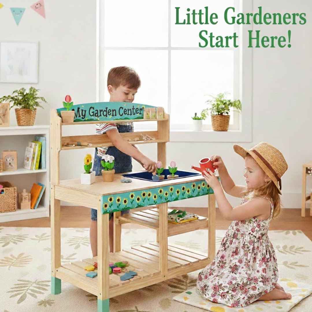Bloom & Grow Gardening Center Wooden Toy Indoor Playset- Kids Easter Gift- 22 Pc Garden Stand Set w Flowers, Seed Packet, Pots Shovel Rake Apron Watering Pot- Interactive Fun Pretend Playtime Activity