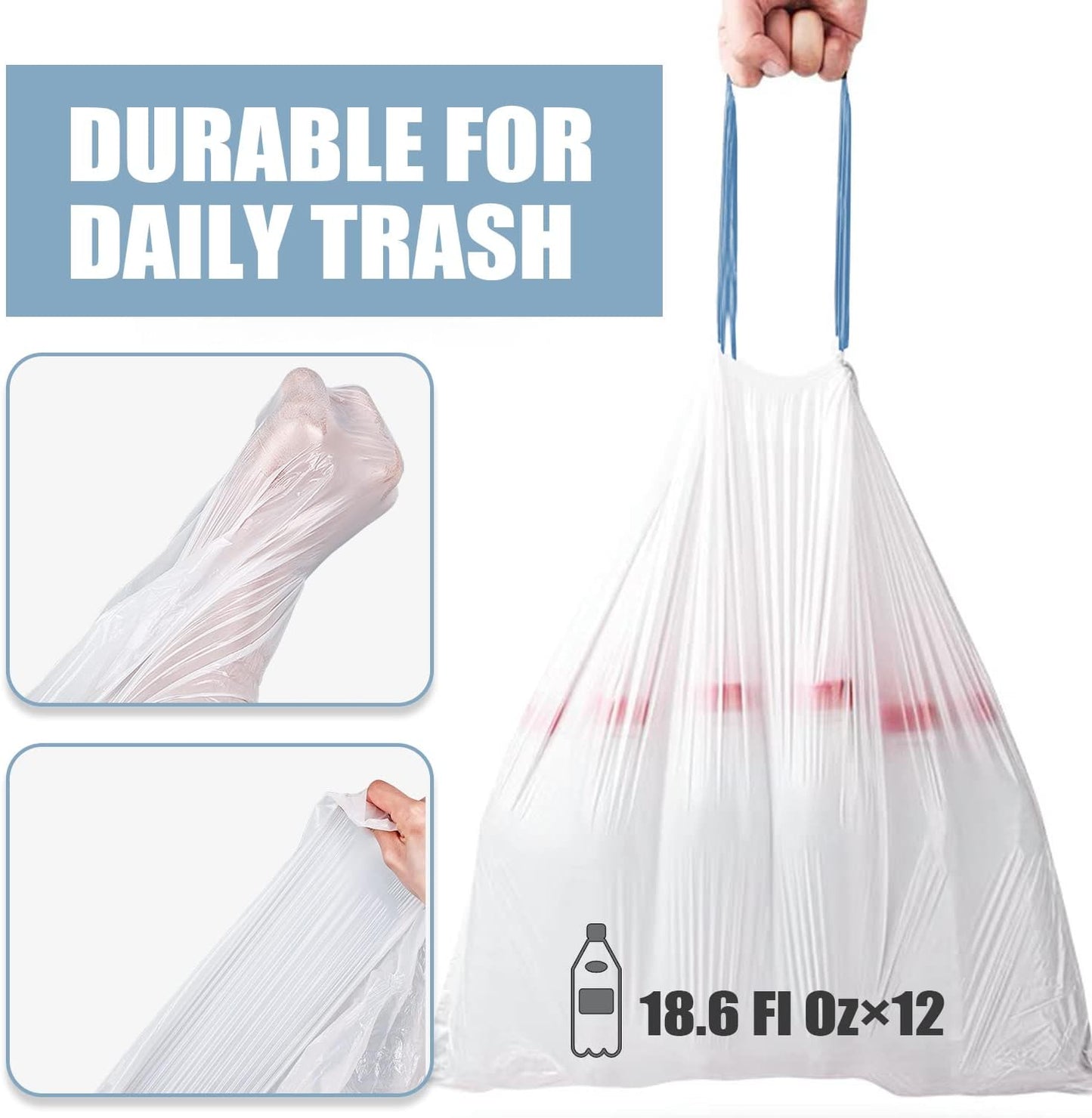 Small Trash Bags 4 Gallon - Drawstring 4 Gallon Trash Bag, Tear-Free 4 Gal Small Garbage Bags, Separated Unscented White Small Trash Bags Bathroom Trash Bags, 57 Count