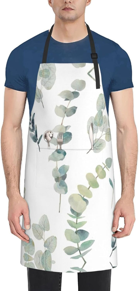Eucalyptus Leaves print Waterproof apron with pocket adjustable cooking apron for adult kitchen bibs to bake