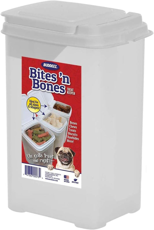 Buddeez Pet Treat Container for Dogs and Cats - 3.5 Quart Flip Top Storage Bin - Bites And Bones Design - Airtight Food Holder
