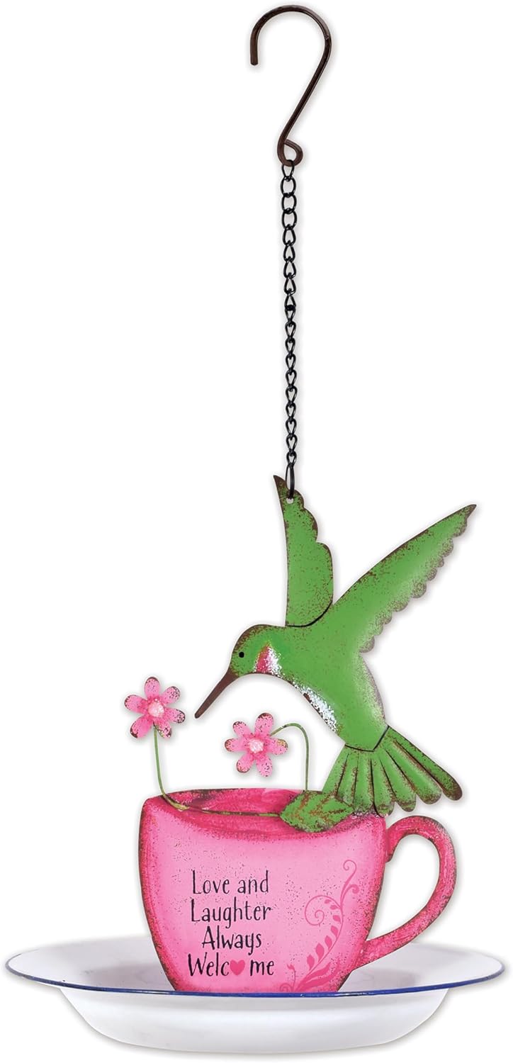 Sunset Vista Designs for The Birds Enameled Cup & Saucer Hanging Birdfeeder, 16.25-Inch, Hummingbird