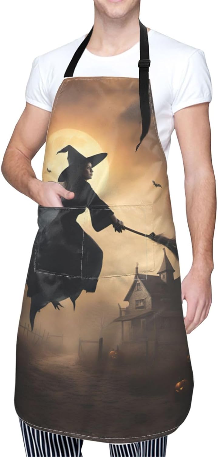 Halloween Witch Flying 2 print Waterproof chef's apron with pocket apron for kitchen cooking baking barbecue and gardening