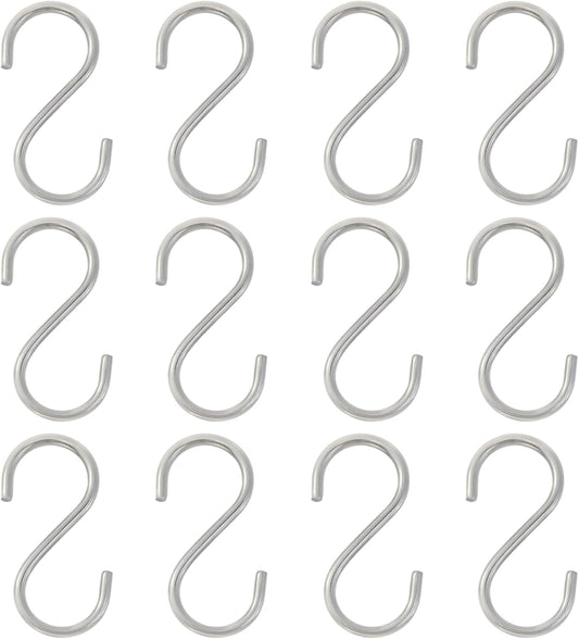 12 Pcs Small S Hooks for Hanging Heavy Duty,2 Inch Small Thick S Hooks for Hammocks, Plants, Chain Hardware, Bird Feeders, Garden Tools, Pots, Pans, Stainless Steel Silver