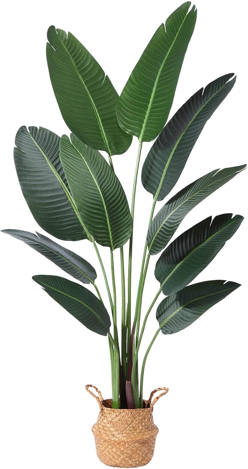 Artificial Bird of Paradise Plants 5Ft Fake Tropical Palm Tree with 10 Trunks in Pot and Woven Seagrass Belly Basket Perfect Faux Plant for Home Indoor Outdoor Office Modern Decor Green