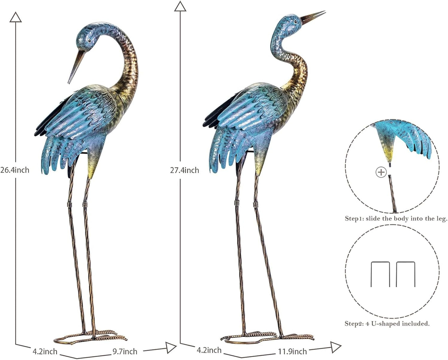 Natelf Garden Crane Statues Outdoor, Standing Blue Heron Decoy Sculptures, Metal Bird Yard Art for Lawn Patio Backyard Decoration(Set of 2)