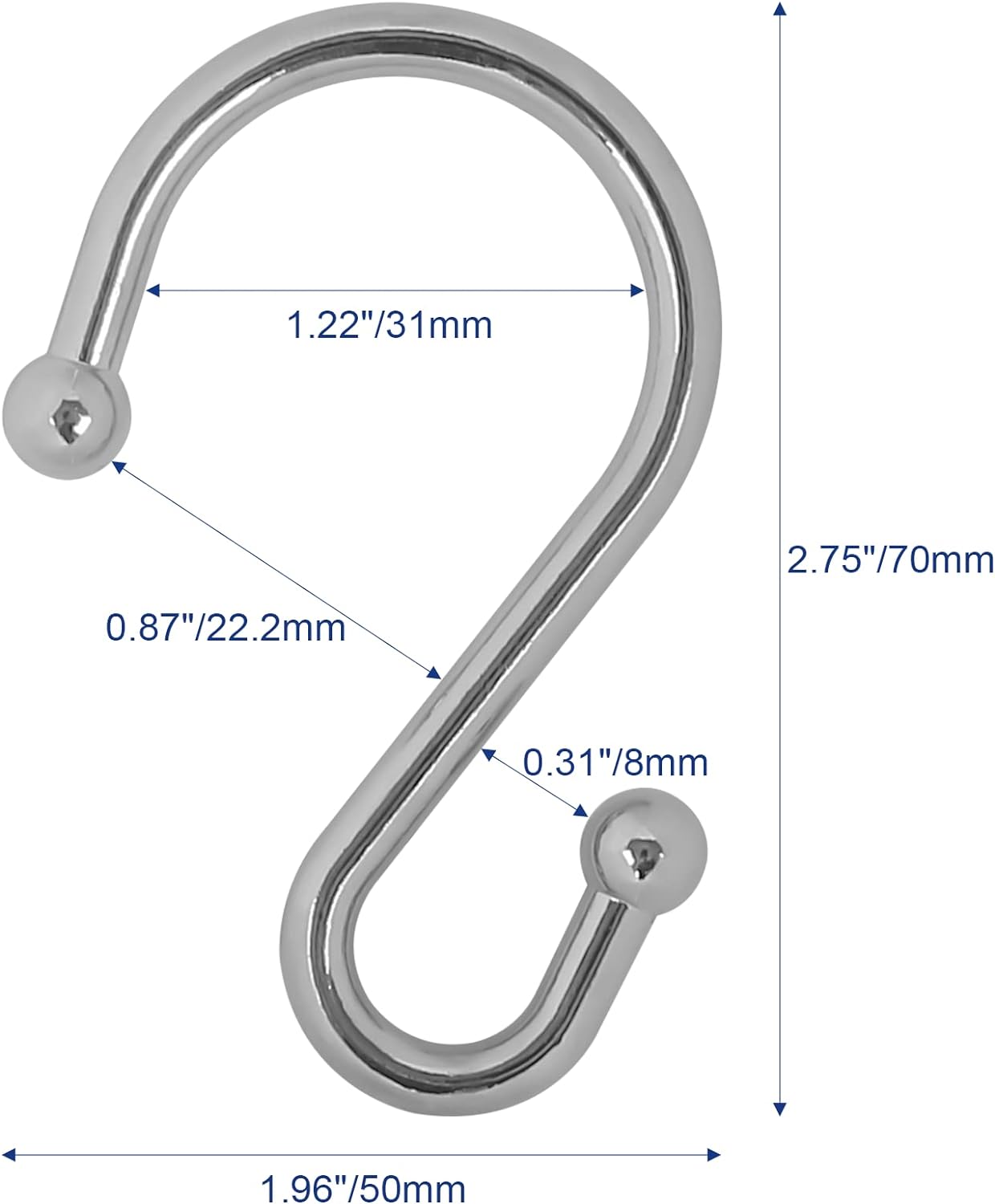 Metal Shower Curtain Hooks, Set of 12, Rust Proof Shower Curtain Hooks Rings, Durable S Shaped Hooks Hangers for Shower Curtains, Kitchen Utensils, Clothes, Towels (Chrome)