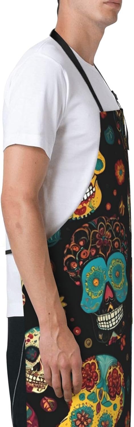 YANYU Sugar and Skulls Print 28x33 In Kitchen Apron Stylish Chef Apron with Pockets for Cooking Baking Painting