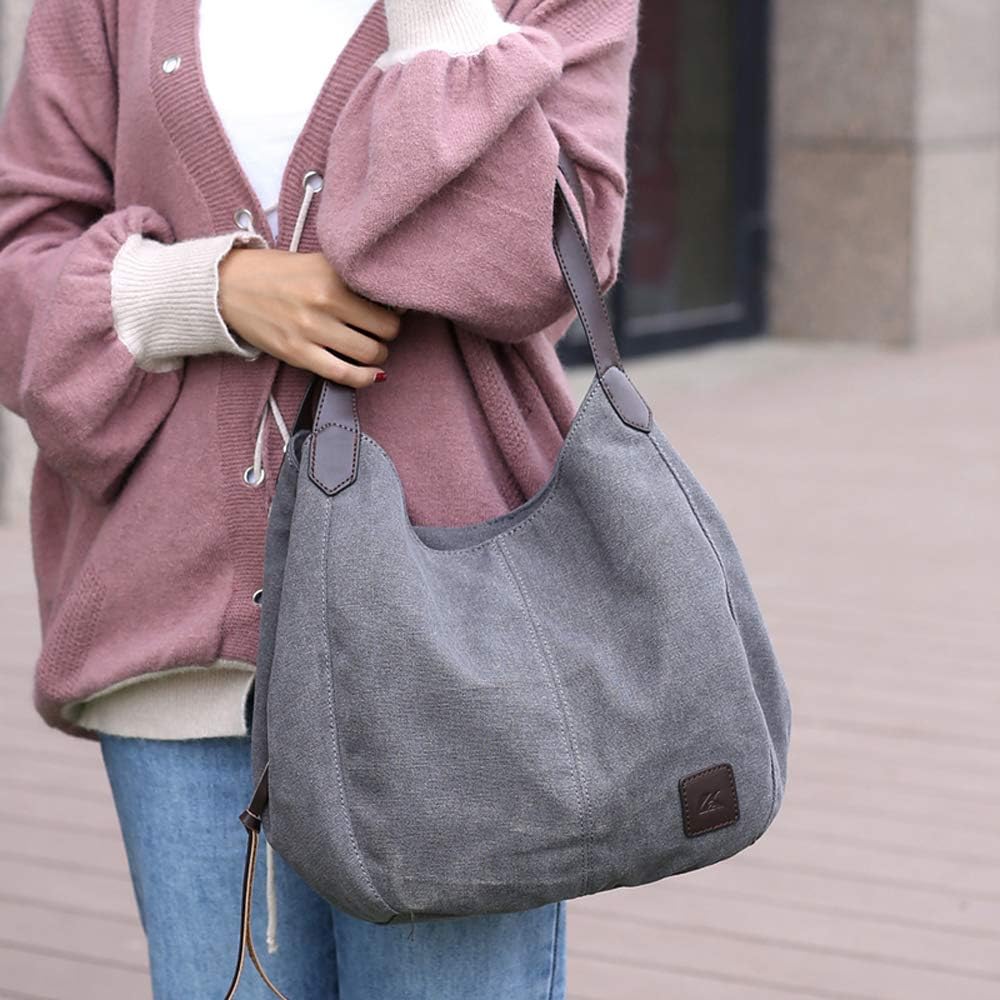DOURR Women's Multi-pocket Shoulder Bag Fashion Cotton Canvas Handbag 