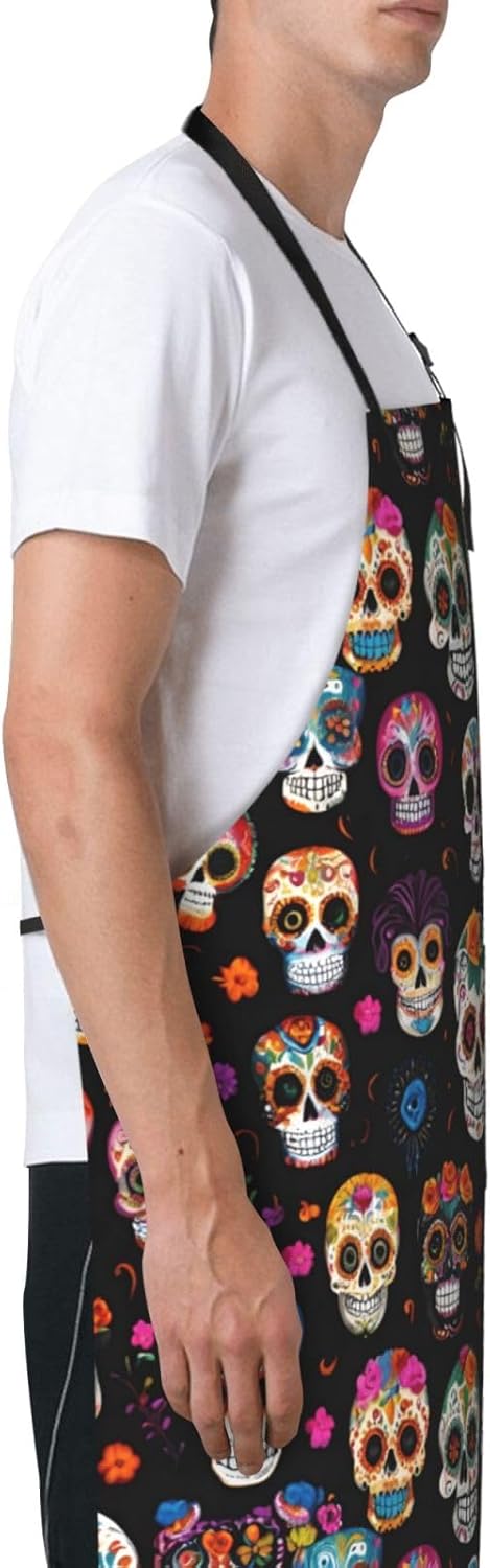 YANYU Skull Print 28x33 In Kitchen Apron Stylish Chef Apron with Pockets for Cooking Baking Painting