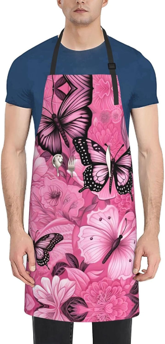 Red Butterfly Seamless tile print Waterproof apron with pocket adjustable cooking apron for adult kitchen bibs to bake