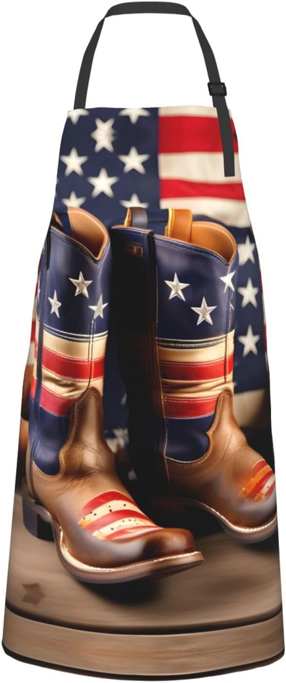 American Flag with Cowboy Boots Print Laundry apron 28x33 In Waterproof Kitchen Apron with Pockets for Cooking Baking