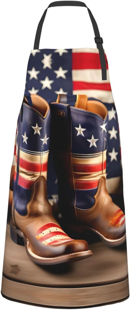 American Flag with Cowboy Boots Print Laundry apron 28x33 In Waterproof Kitchen Apron with Pockets for Cooking Baking