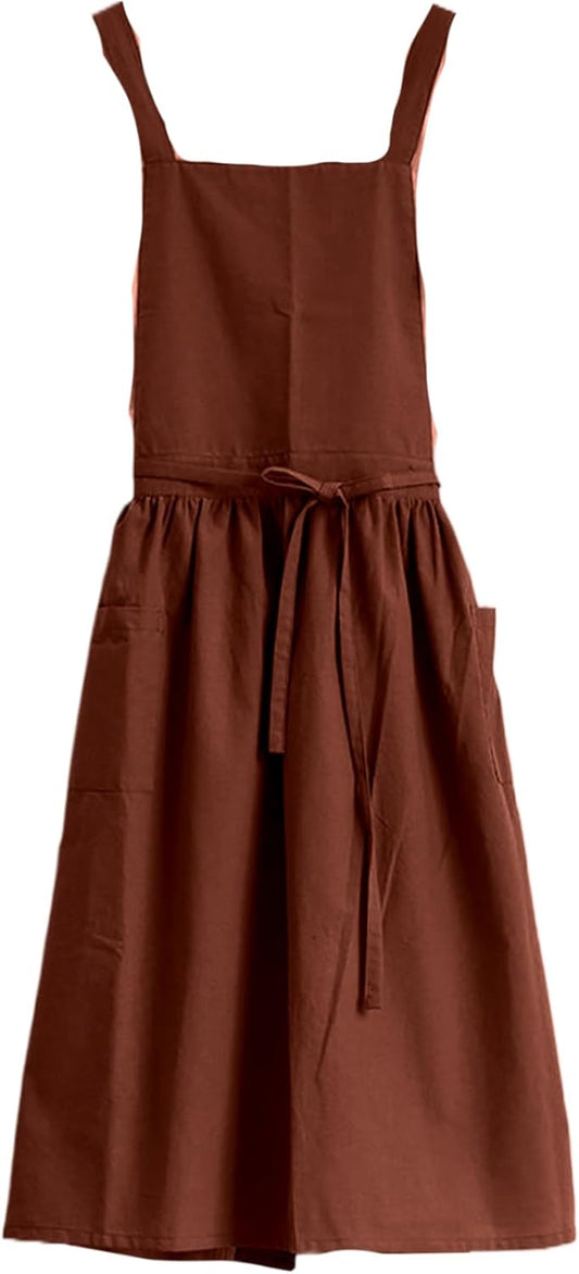 Gardening Apron for Women Cross Back Aprons for Women Pinafore Apron Women Cotton Linen Cross Back Apron with Pockets for Gardening Works Pinafore Dress Vintage Aprons for Women Crossback Apron Women