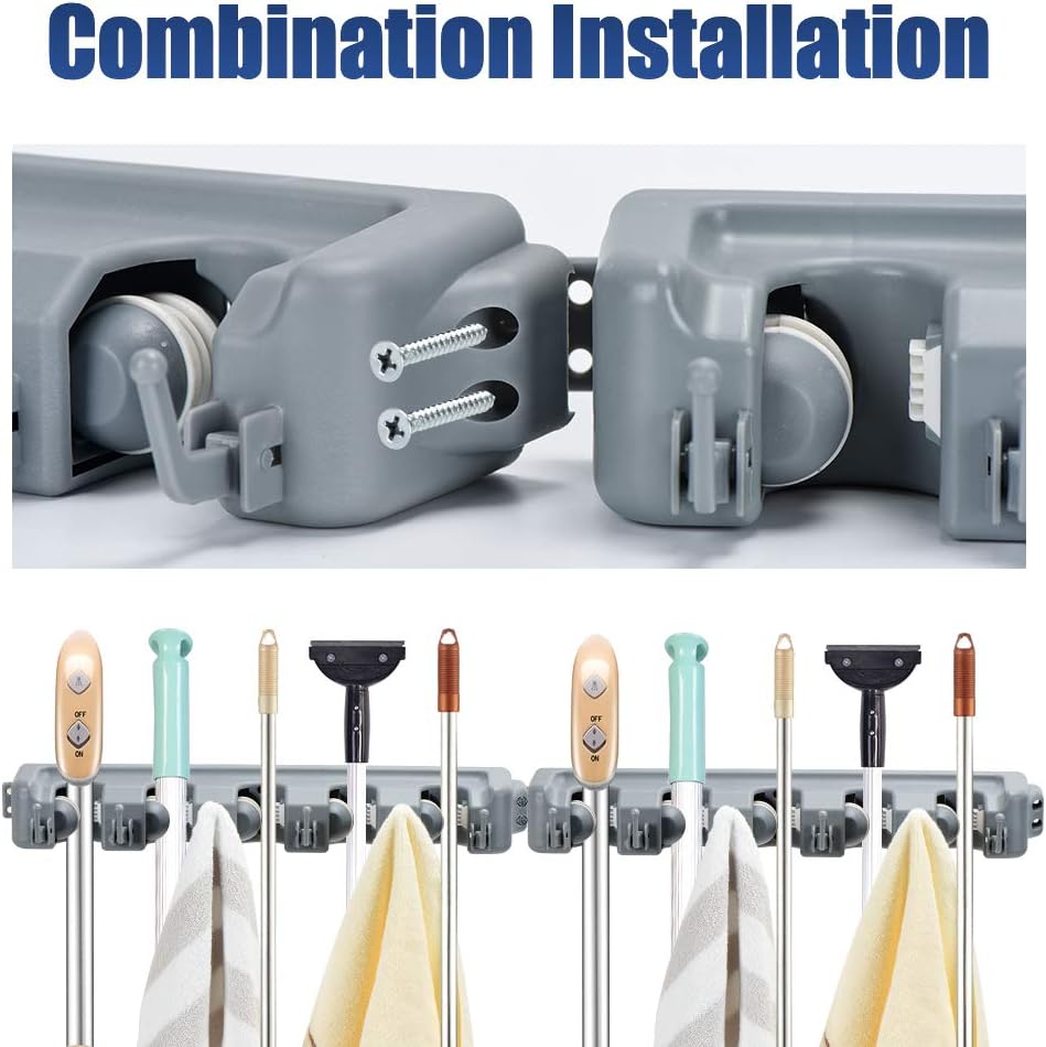 HOME MASTER HARDWARE (2 Pack 16 in Broom Mop Holder Garage Storage Organizer with 5 Racks 6 Hooks Adjustable Wall Mounted Storage Tool for Lanudry Garage Kitchen Garden