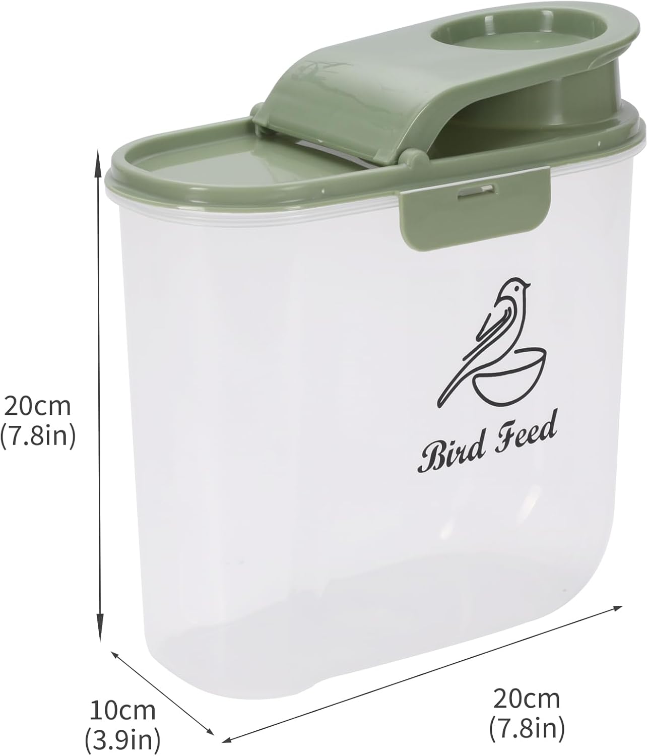 Bird Seed Storage Container, 2.1 Qt/2 L, Airtight, Flip Lid & Pour Spout, Bird Food Container with Scale for Sunflower Seeds, Portable Travel Kibble Storage Dispenser for Small Animal, Green