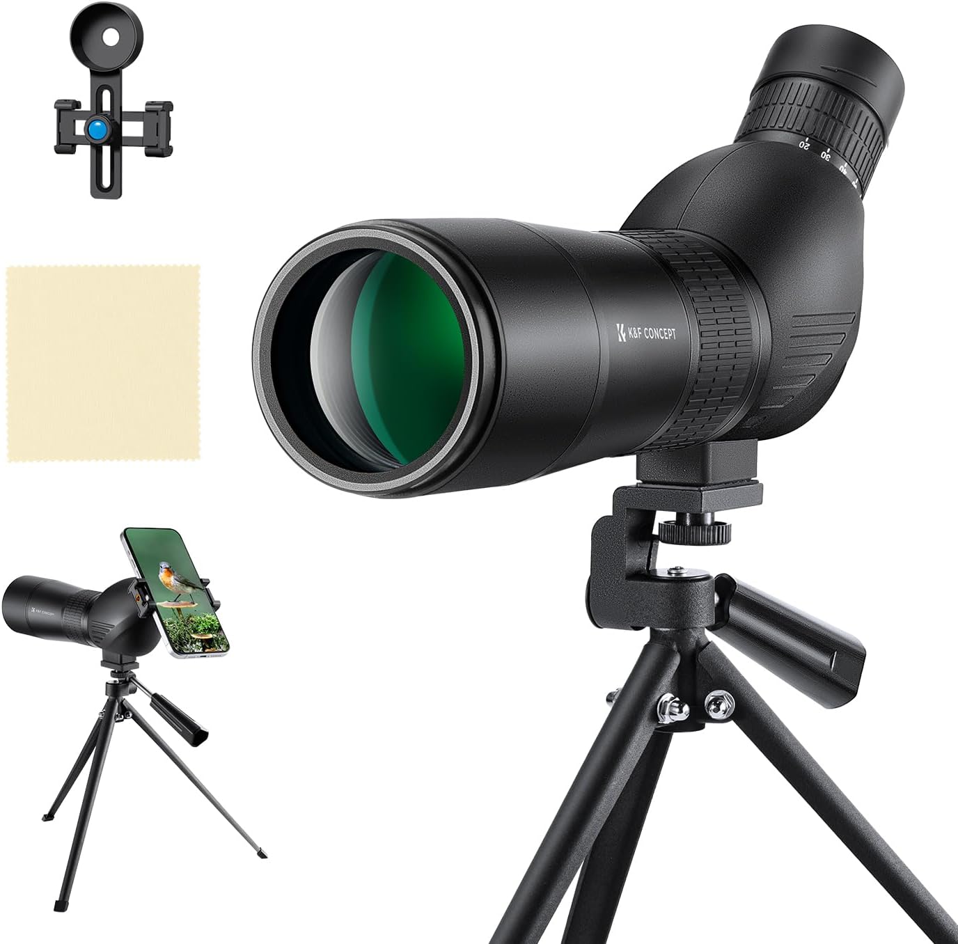 K&F Concept 20-60x60 Spotting Scopes for Target Shooting, Waterproof Spotter Scope with Tripod & Phone Adapter, 131-66ft/1000yds BAK4 45°Angled Eyepiece Range Scope for Bird Watching Wildlife Hunting