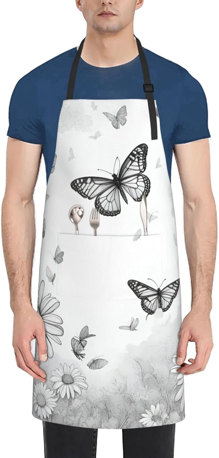 YANYU Butterfly Daisy Print 28x33 In Kitchen Apron Stylish Chef Apron with Pockets for Cooking Baking Painting