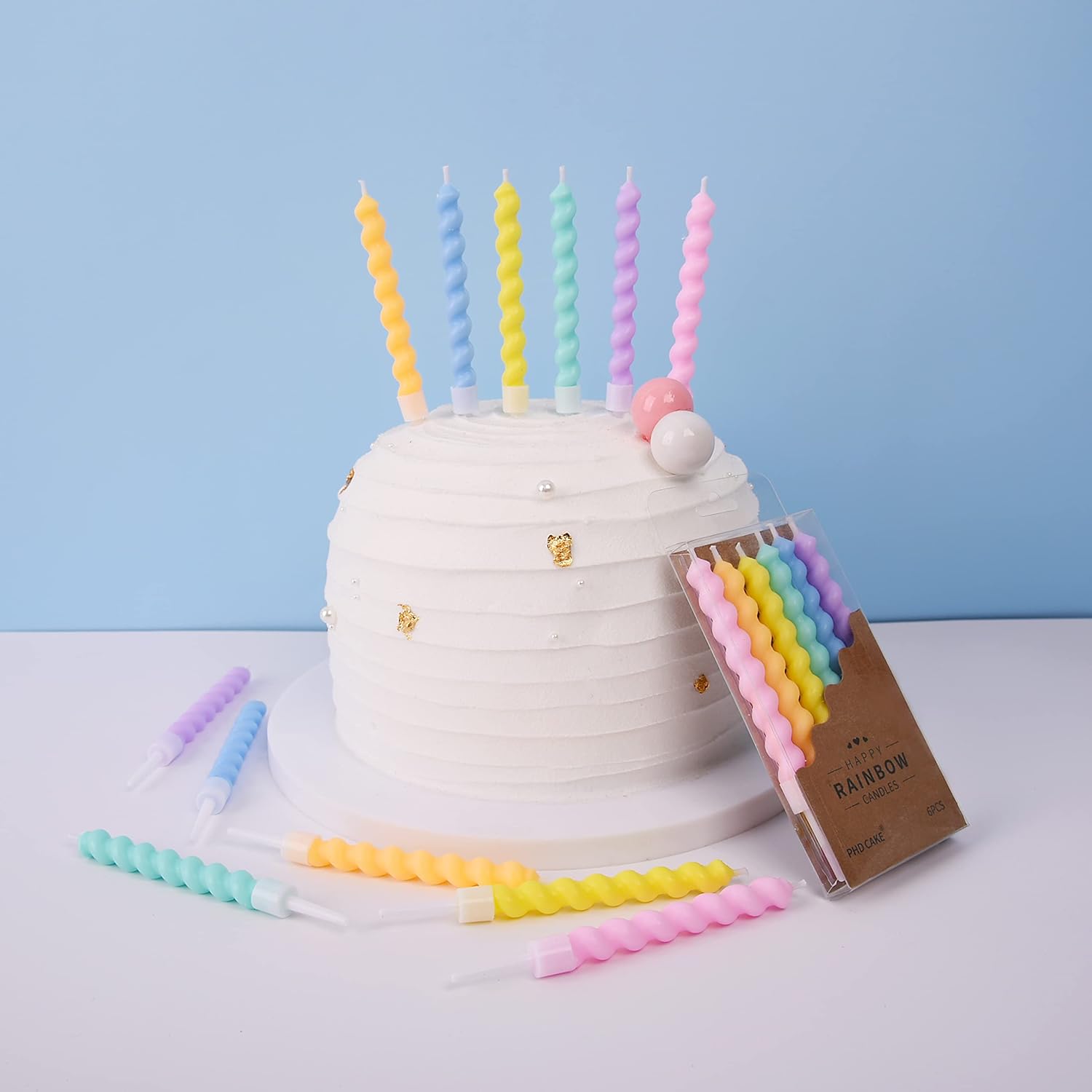 PHD CAKE 24-Count Rainbow Spiral Birthday Candles with Holders, Party 