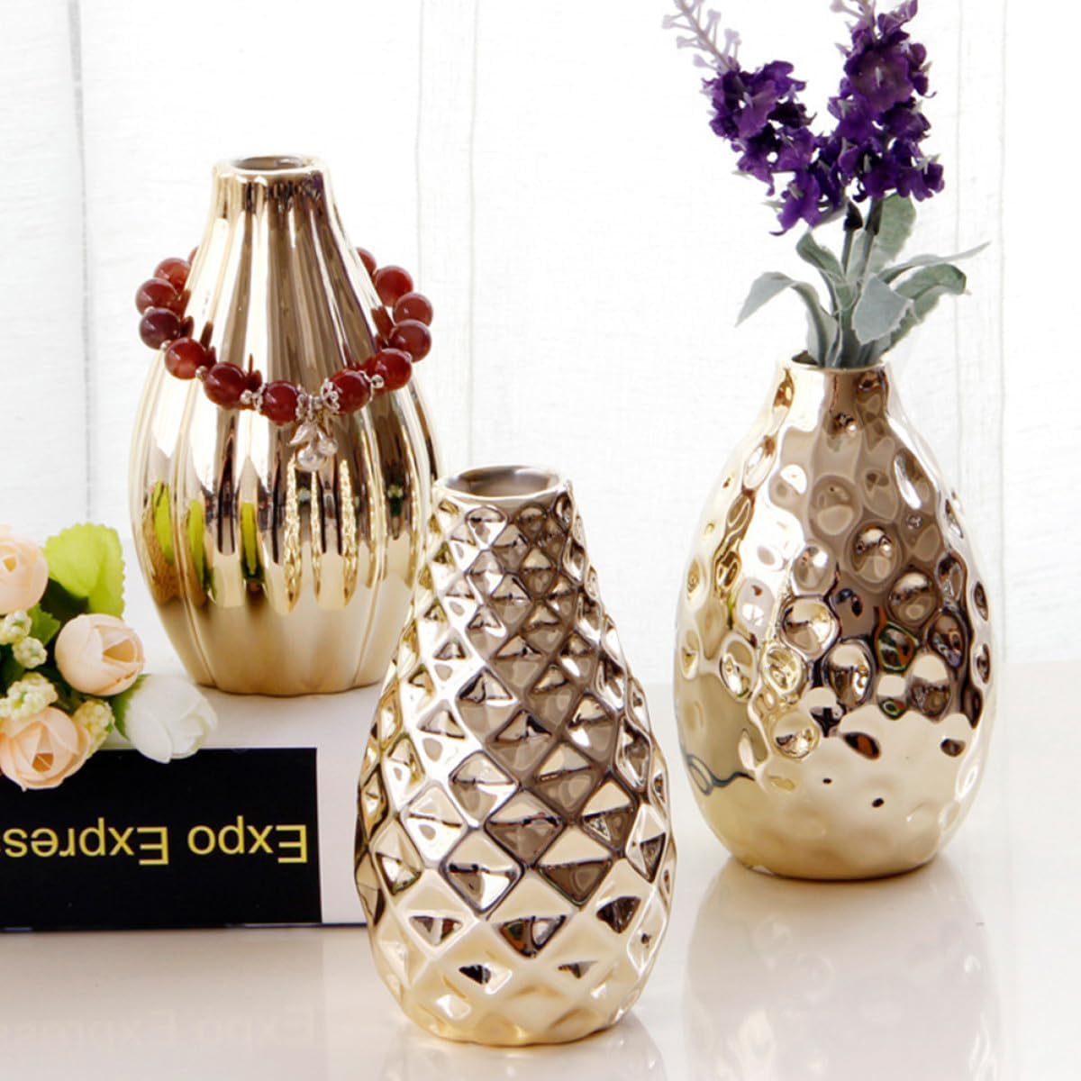 Gold Ceramic Vase Vintage Flower Planter Unique Desktop Plant Containe