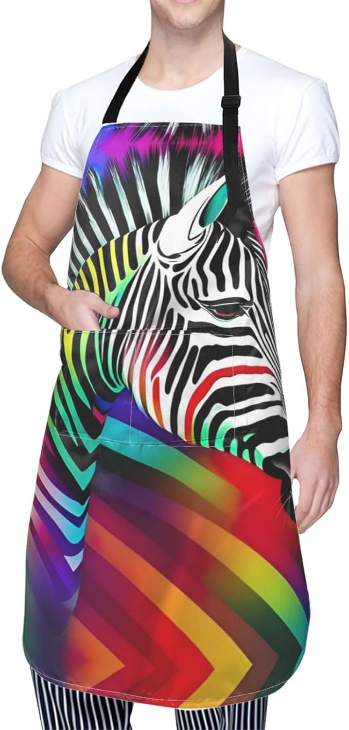 Colorful Rainbow Zebra print Waterproof chef's apron with pocket apron for kitchen cooking baking barbecue and gardening