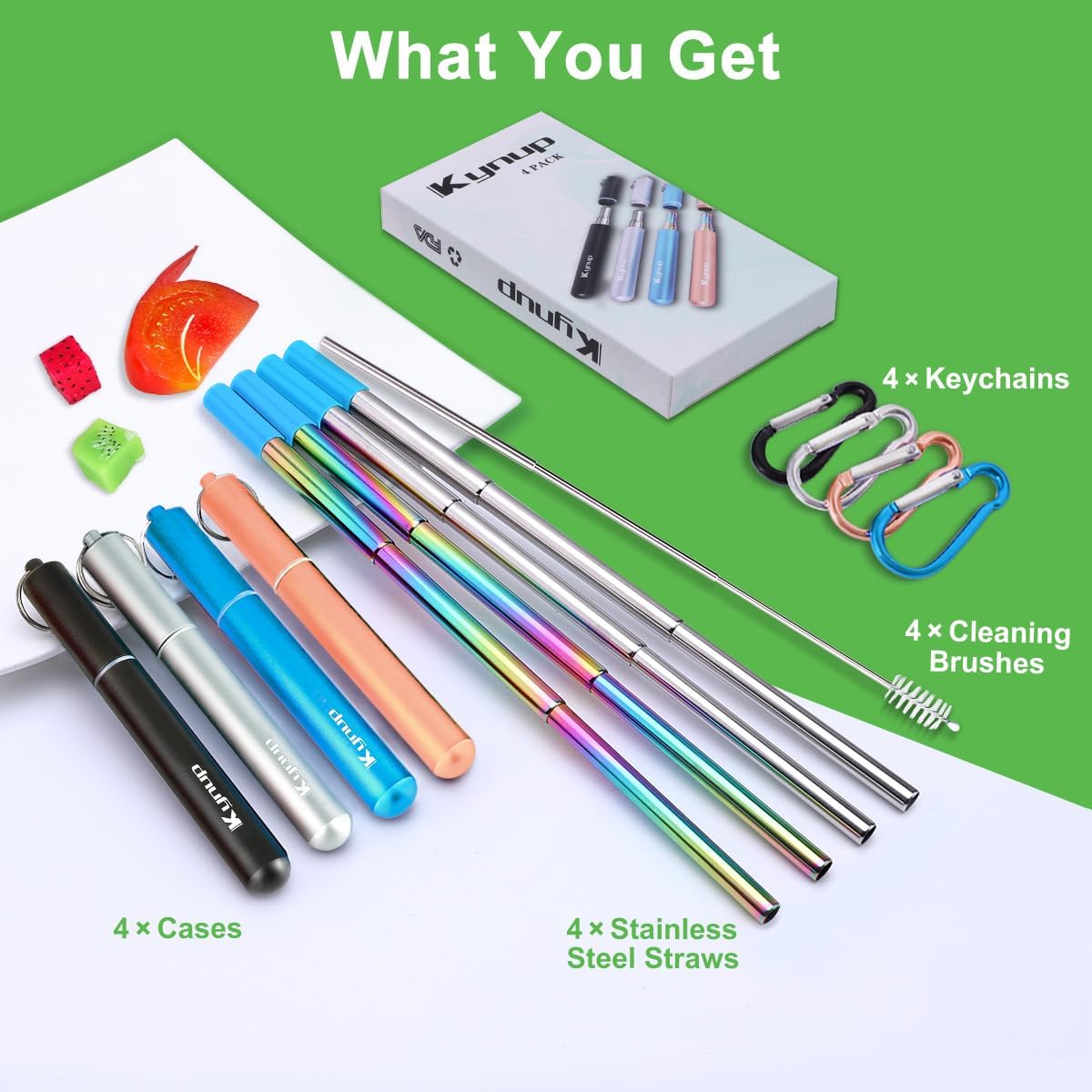 Kynup Reusable Metal Straws (4Packs), Collapsible Travel Drinking Stra