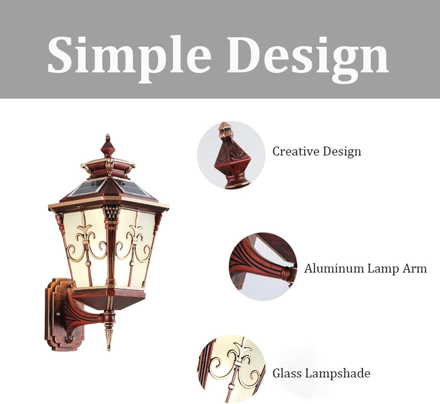 Outdoor Solar Wall Sconce, Exterior Wall Lamp, Waterproof Dusk to Dawn Sensor Lantern, Die-cast Aluminum with Decorative Glass, Light Fixture for Patio, Garden, Entryway Cottage