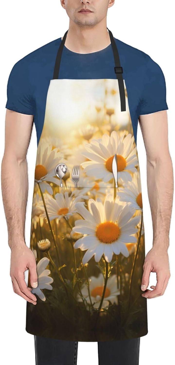 Daisy Flower print Waterproof apron with pocket adjustable cooking apron for adult kitchen bibs to bake