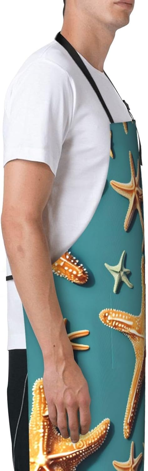 Beach Starfish Print 28x33 In Adult Kitchen Apron with Pockets Versatile Chef Smock for Cooking Baking