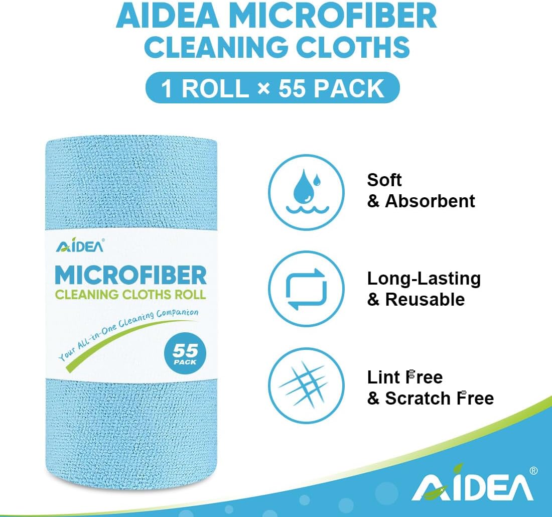 AIDEA Microfiber Cleaning Cloth Roll, Blue Shop Towels 55 Sheets Washa