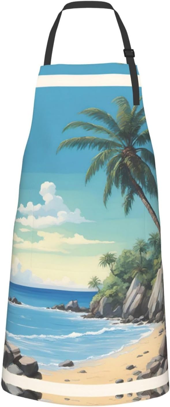 Palm Tree Rocky Shore print Waterproof chef's apron with pocket apron for kitchen cooking baking barbecue and gardening