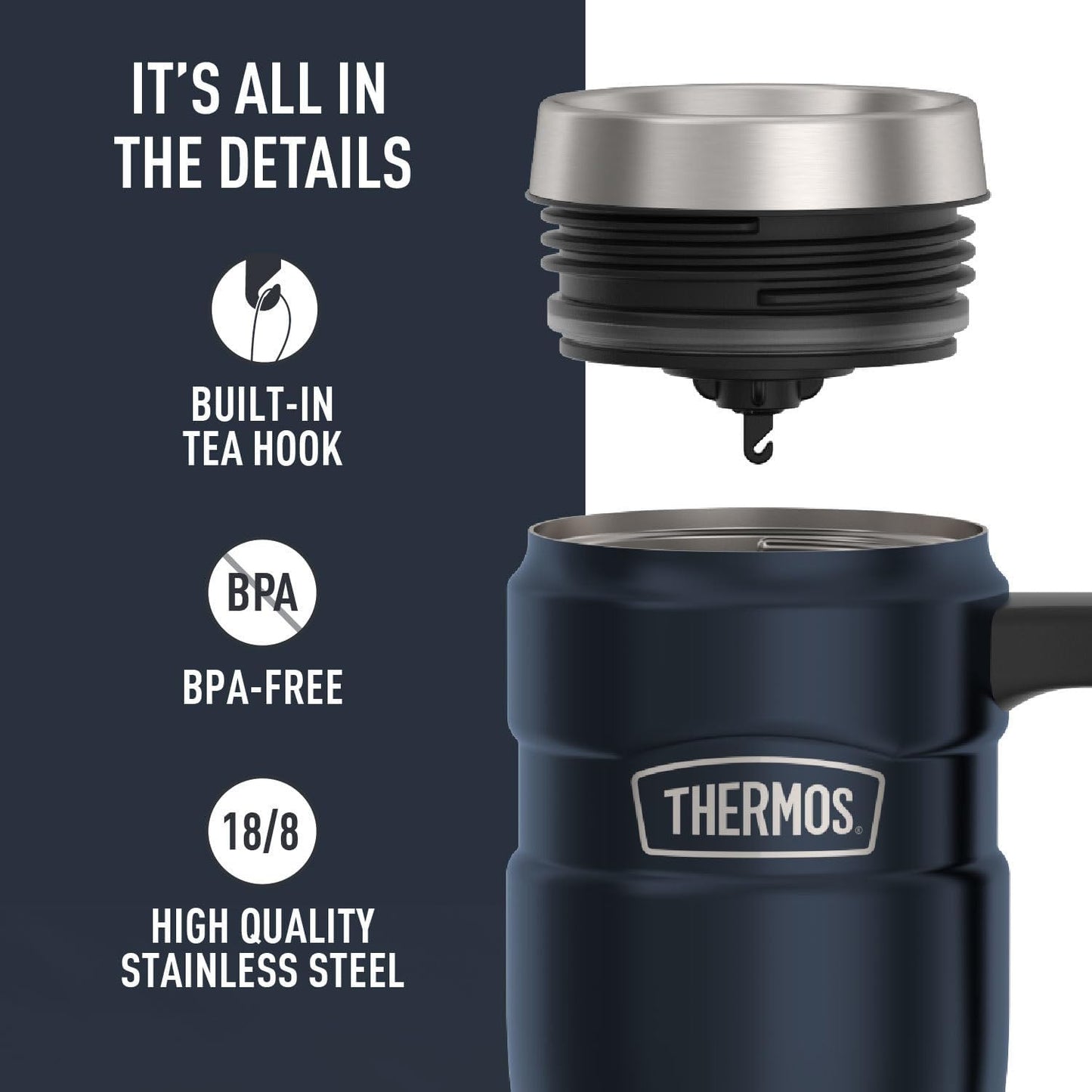 THERMOS Stainless King Vacuum-Insulated Travel Mug with Handle - 16oz, Midnight Blue - Thermos Tumbler for Hot & Cold Drinks - Leak & Sweat-Proof Stainless Steel Coffee Mug with Lid for Commuting