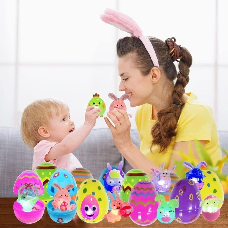 24 Pack Prefilled Easter Eggs with 3D Finger Lights Up Rings Toys Grow in the Dark Great for Kids Girls Boys Easter Basket Stuffers Party Favors Eggs Fillers