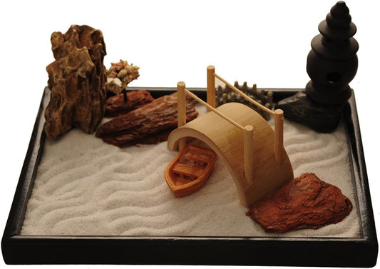 Zen Garden with Boat Bridge Japanese Censers Set with Free Rake and Pushing Sand Pen Base Tray Dimensions 10 x 7 x 0.4 inches