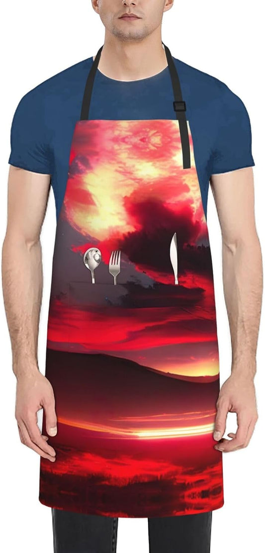 Red Sky at Night Starry print Waterproof chef's apron with pocket apron for kitchen cooking baking barbecue and gardening