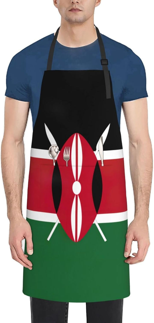 Flag of Kenya print Waterproof chef's apron with pocket apron for kitchen cooking baking barbecue and gardening