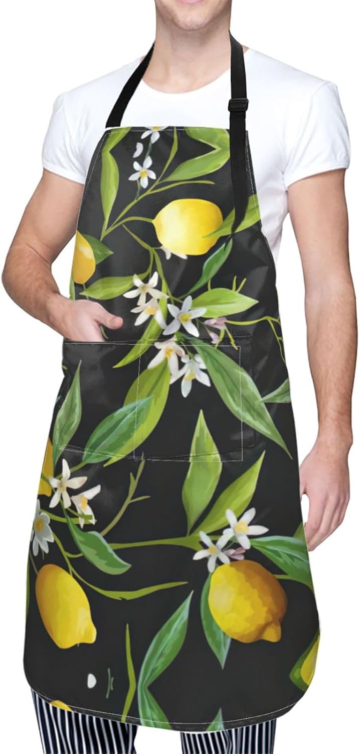 Lemon and Flower Print Laundry apron 28x33 In Waterproof Kitchen Apron with Pockets for Cooking Baking